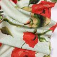 Coupon de tissu en voile de coton et soie avec imprimé roses vermillon sur fond vert pale 1,50m ou 3m x 1,40m