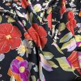 Coupon de tissu de polyester satiné aux fleurs multicolores sur fond noir 1,50m ou 3m x 1,40m