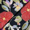 Coupon de tissu de polyester satiné aux fleurs multicolores sur fond noir 1,50m ou 3m x 1,40m
