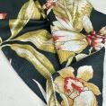 Coupon de tissu en soie et viscose a motif fleuri or et rouge sur fond noir 1,50m ou 3m x 1,40m