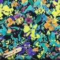 Coupon de tissu en toile de coton légère à motifs fleuris façon aquarelle sur fond noir 1,50m ou 3m x 1,40m