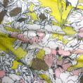 Coupon de tissu en mousseline crinkle de viscose à motifs fleurs rose et blanche sur fond jaune acide 1,50m ou 3m x 1,50m