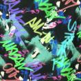 Coupon de tissu voile crêpe en viscose à imprimé graffiti multicolore sur fond noir 1,50m ou 3m x 1,40m
