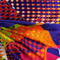 Coupon de tissu satiné en viscose style arlequin multicolors 1,50m ou 3m x 1,40m