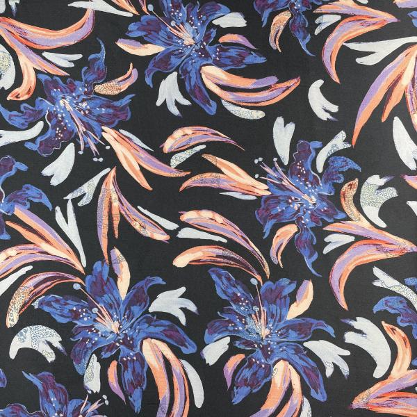 Coupon de tissu twill de polyester à fleurs violettes sur fond noir 1,50m ou 3m x 1,40m