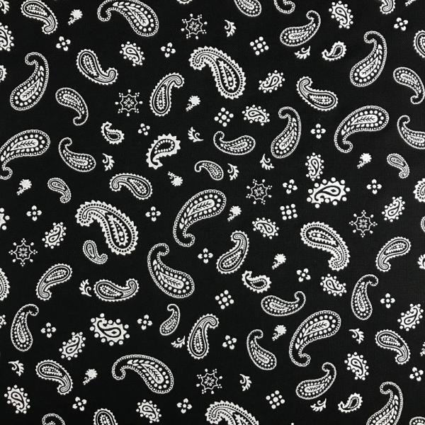 Coupon de tissu de popeline en coton motif cachemire blanc sur fond noir 3m x 1,40m