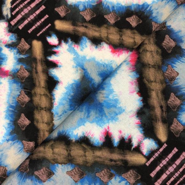 Coupon de tissu en coton imprimé bleu, rose et marron motif batik tie-dye 3m ou 1m50 x 1,40m