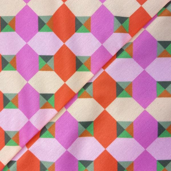Coupon de tissu en jersey de polyester à imprimé géométrique rose, orange et vert 1,50m ou 3m x 1,40m