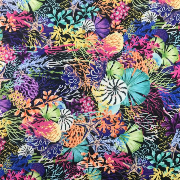 Coupon de tissu crêpe épais de polyester fleurs et coquillages multicolor 1,50m ou 3m x 1,40m