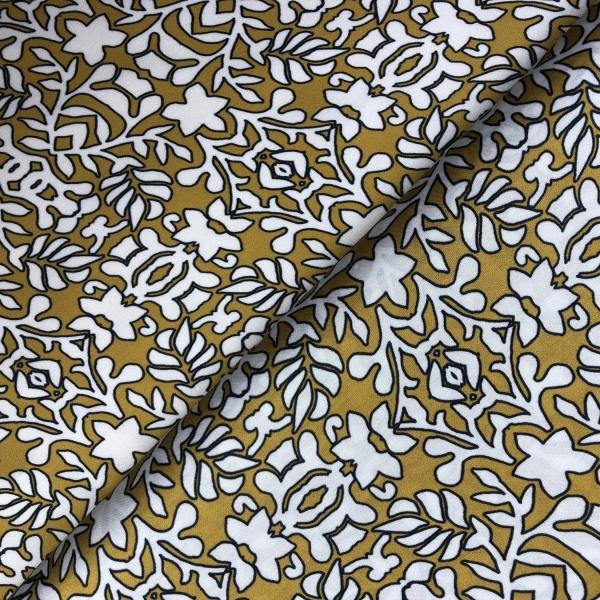 Coupon de tissu toile de viscose satinée avec imprimé fleuri blanc sur fond jaune moutarde 1,50m ou 3m x 1,40m