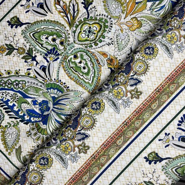 Coupon de tissu twill de polyester satiné motifs abstraits colorés dans les tons de vert et orange 2,20m ou 4,40m x 1,40m