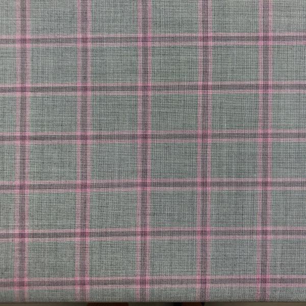 Coupon de tissu en drap de laine à carreaux bordés de rose sur fond gris chiné 1,50m ou 3m x 1,40m