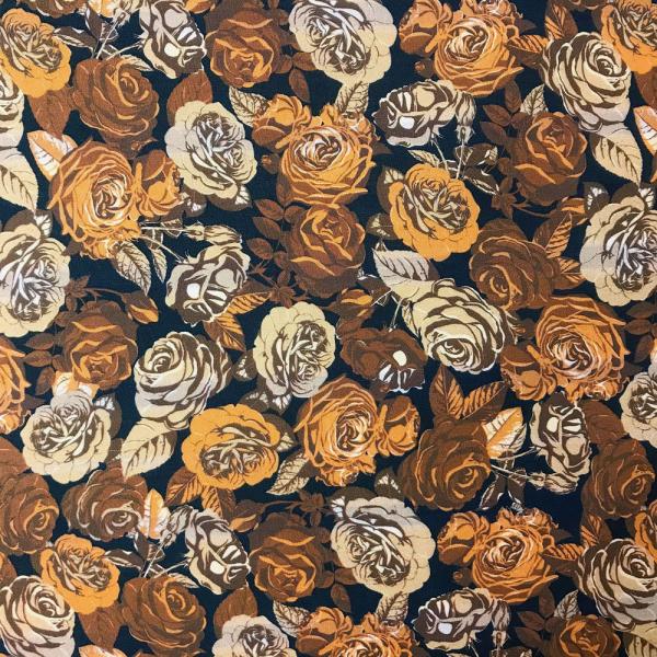 Coupon de tissu toile de coton imprimé fleurs marrons sur fond noir 1,50m ou 3m x 1,40m