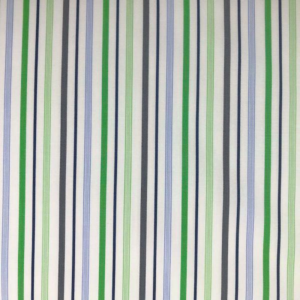 Coupon de tissu en popeline de coton rayures vertes, bleues et grises sur fond blanc 2m x 1,40m