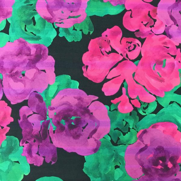 Coupon de tissu en viscose à motifs fleurs dans les tons de violets 1,50m ou 3m x 1,40m
