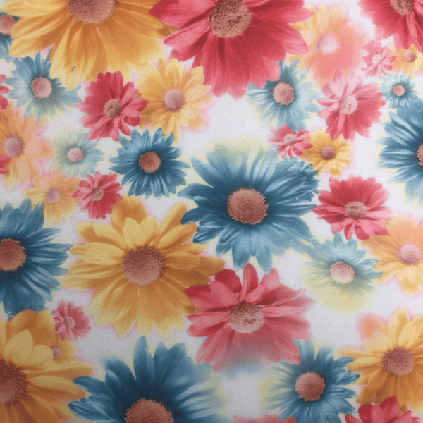 Coupon de tissu en crêpe polyester avec imprimé marguerite multicolore années 70 1,50 ou 3m x 1,40m