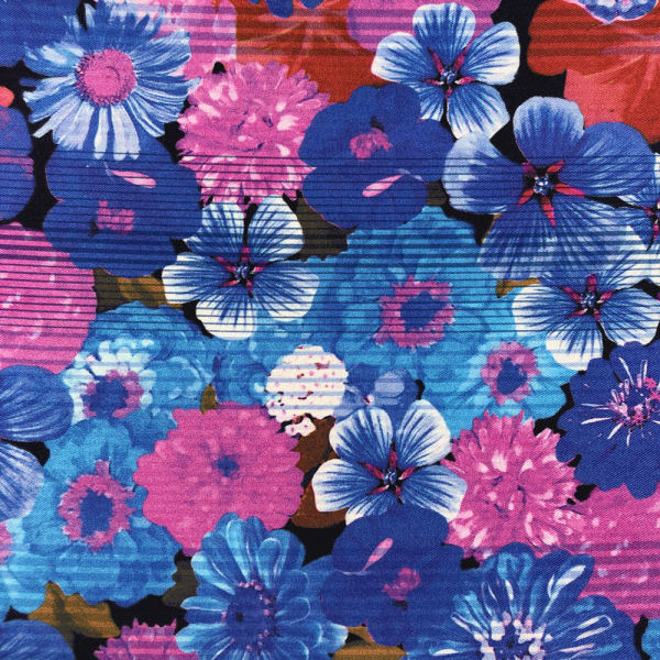 Coupon de tissu en twill de polyester imprimé rayures et fleuris 1m50 ou 3m x 1,40m