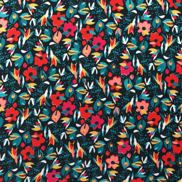Coupon de tissu en crêpe de viscose au motif fleuri dans les tons de turquoise et rouge 3m ou 1m50 x 1,40m