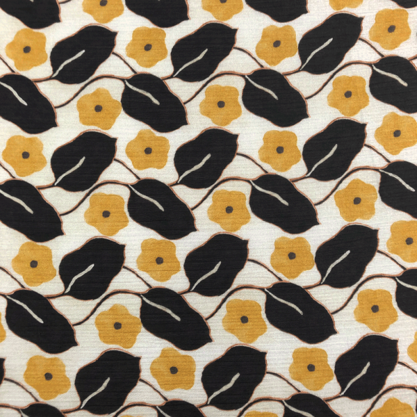 Coupon de tissu en voile de coton et soie à motifs feuilles et fleurs jaune et marron 1,50m ou 3m x 1,40m
